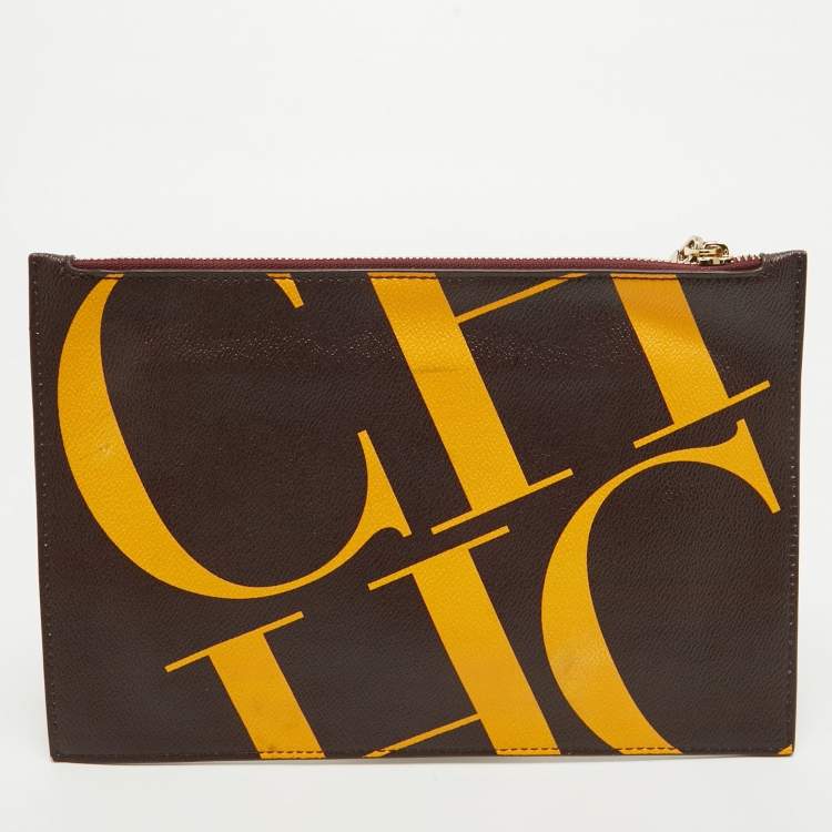 Pre Owned CH Carolina Herrera Brown/Yellow Monogram Coated Canvas Wristlet Clutch
