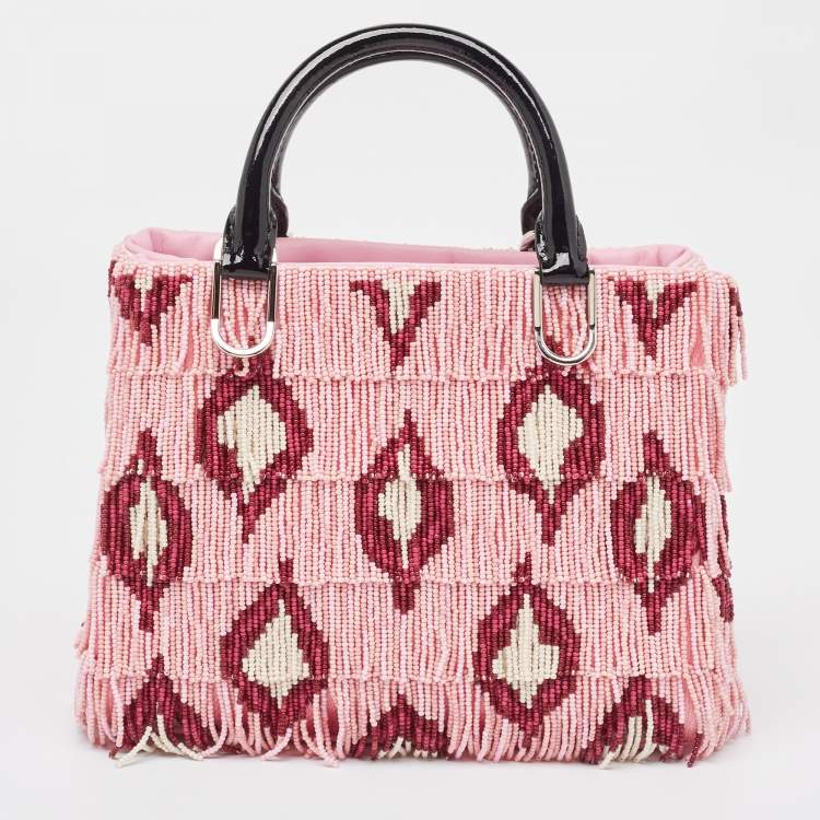 Pre Owned CH Carolina Herrera Pink Beaded Fabric Small Duchess Tote