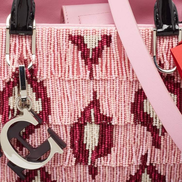 Pre Owned CH Carolina Herrera Pink Beaded Fabric Small Duchess Tote