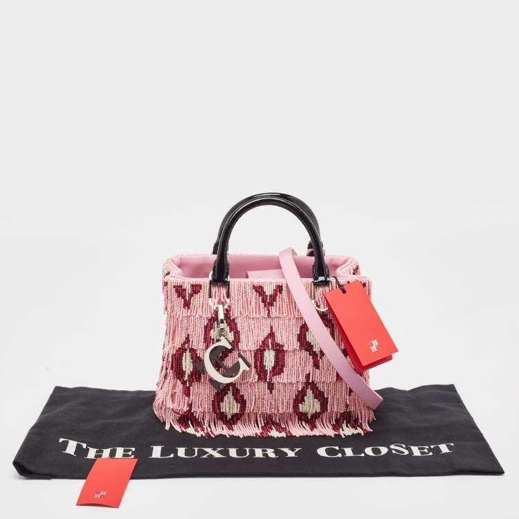 Pre Owned CH Carolina Herrera Pink Beaded Fabric Small Duchess Tote
