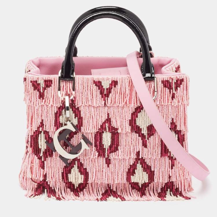 Pre Owned CH Carolina Herrera Pink Beaded Fabric Small Duchess Tote