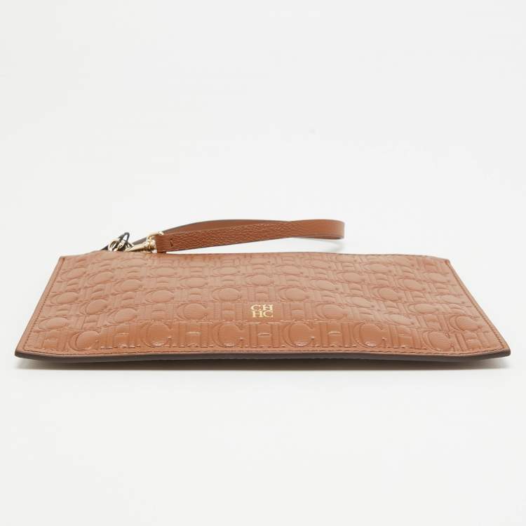 Pre Owned CH Carolina Herrera Brown Monogram Embossed Leather Wrsitlet Clutch