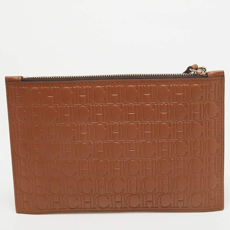 Pre Owned CH Carolina Herrera Brown Monogram Embossed Leather Wrsitlet Clutch