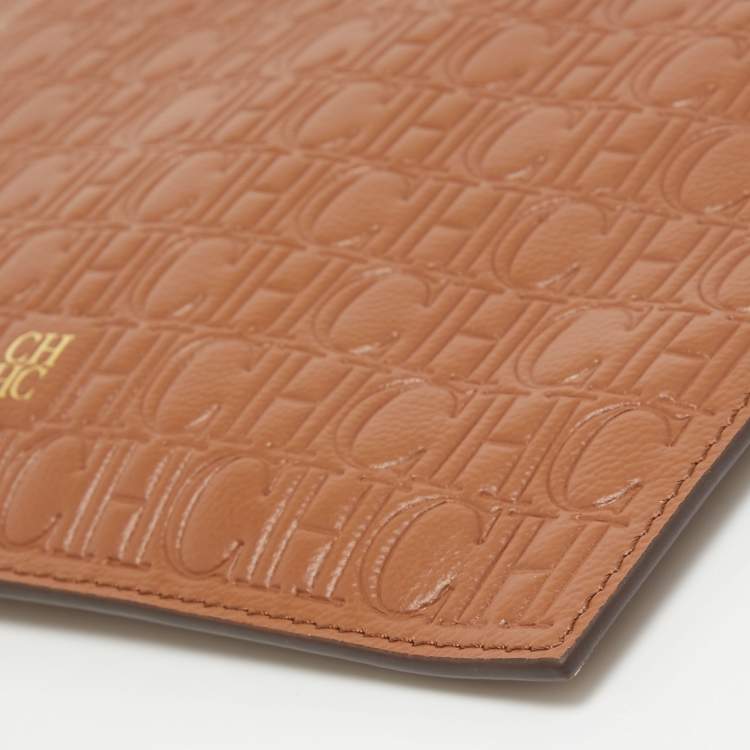Pre Owned CH Carolina Herrera Brown Monogram Embossed Leather Wrsitlet Clutch