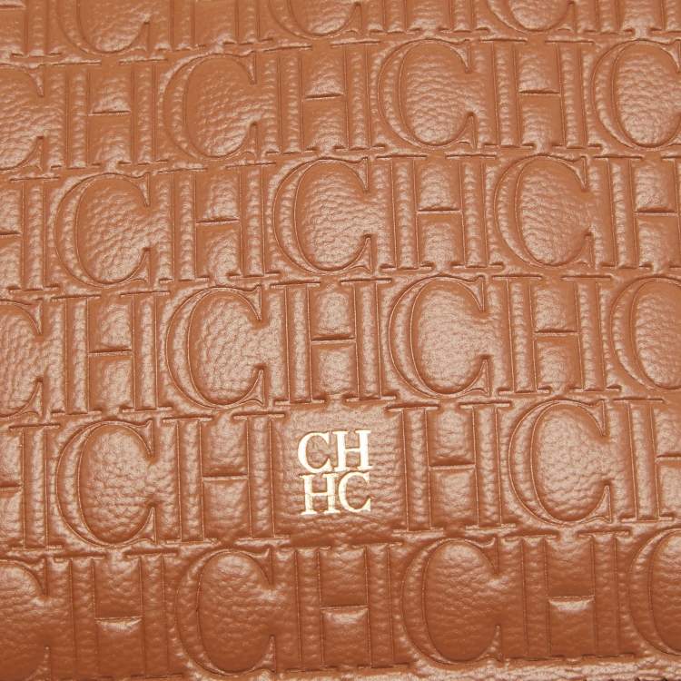 Pre Owned CH Carolina Herrera Brown Monogram Embossed Leather Wrsitlet Clutch