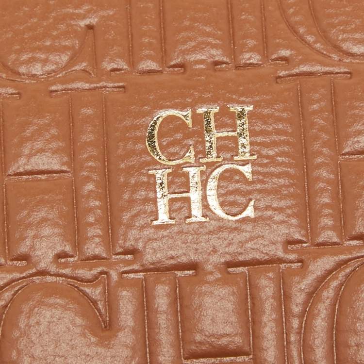 Pre Owned CH Carolina Herrera Brown Monogram Embossed Leather Wrsitlet Clutch
