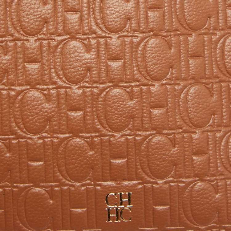 Pre Owned CH Carolina Herrera Brown Monogram Embossed Leather Wrsitlet Clutch