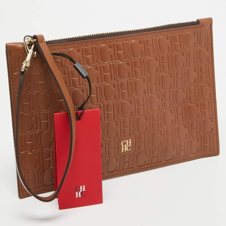 Pre Owned CH Carolina Herrera Brown Monogram Embossed Leather Wrsitlet Clutch