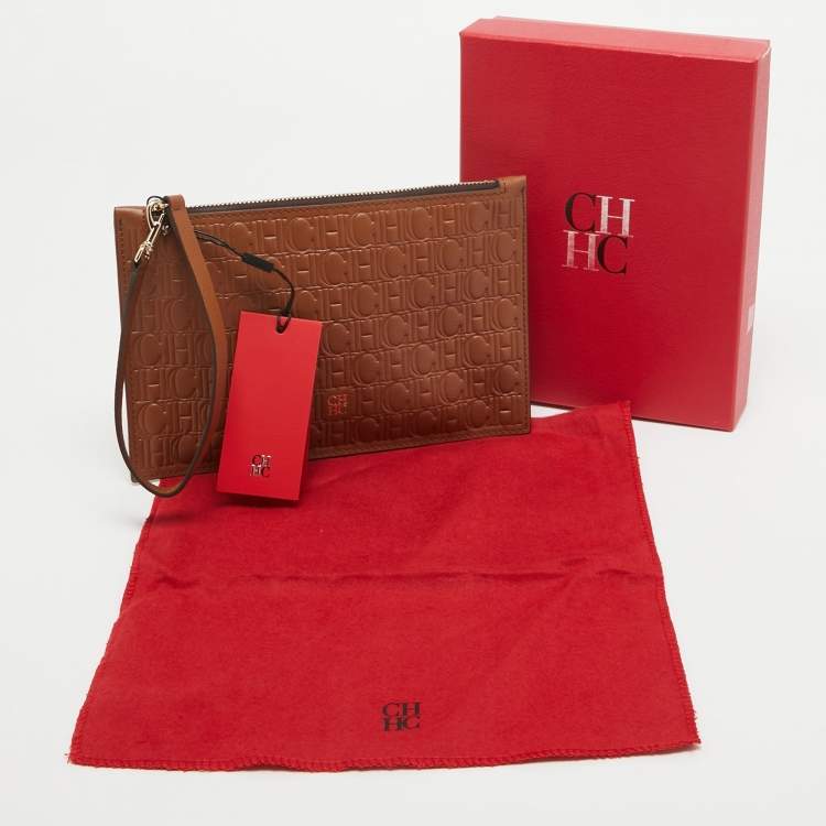 Pre Owned CH Carolina Herrera Brown Monogram Embossed Leather Wrsitlet Clutch
