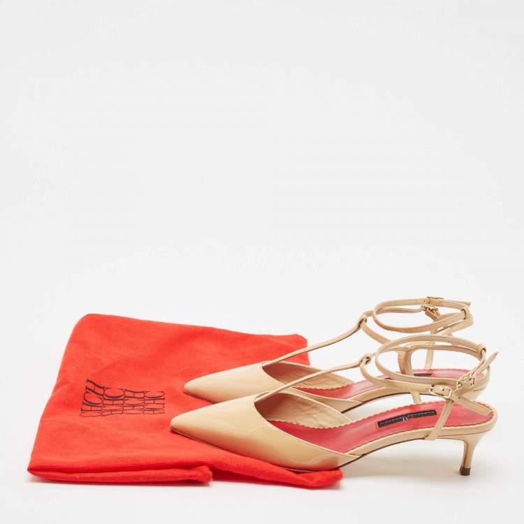 Pre Owned CH Carolina Herrera Beige Patent Leather Ankle Strap Pumps Size 38