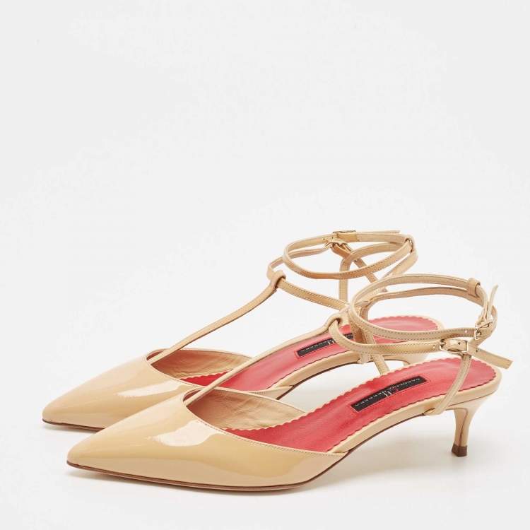 Pre Owned CH Carolina Herrera Beige Patent Leather Ankle Strap Pumps Size 38