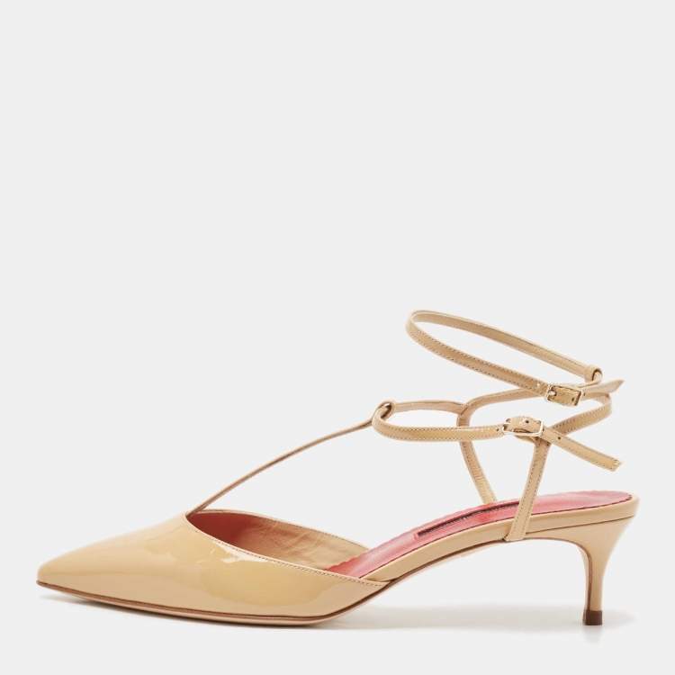 Pre Owned CH Carolina Herrera Beige Patent Leather Ankle Strap Pumps Size 38