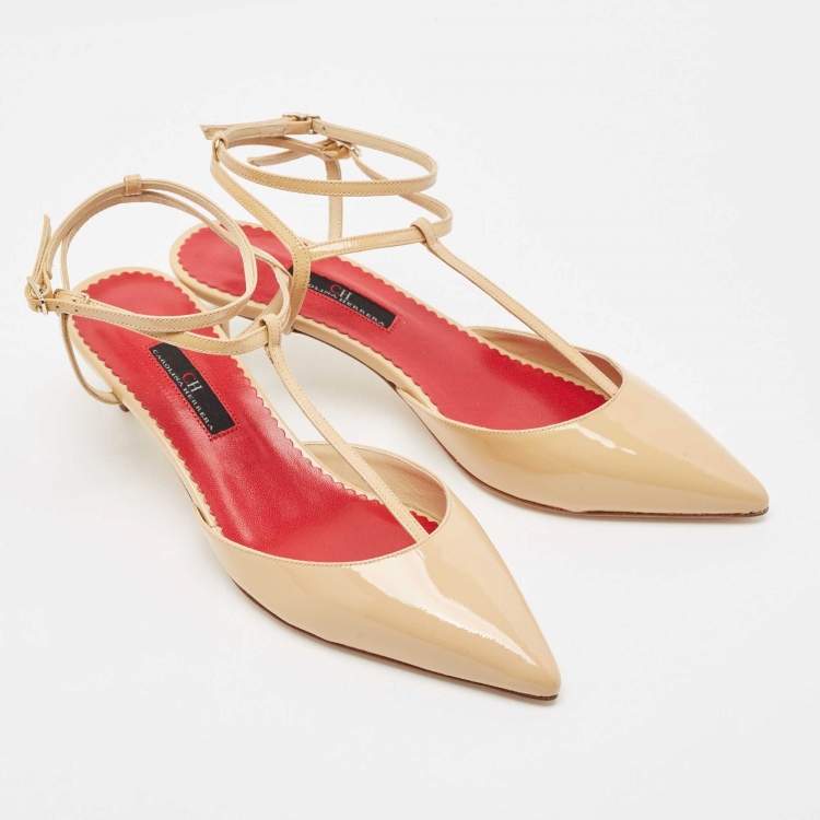 Pre Owned CH Carolina Herrera Beige Patent Leather Ankle Strap Pumps Size 38