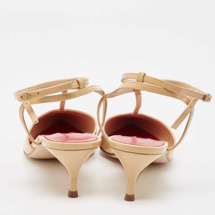 Pre Owned CH Carolina Herrera Beige Patent Leather Ankle Strap Pumps Size 38