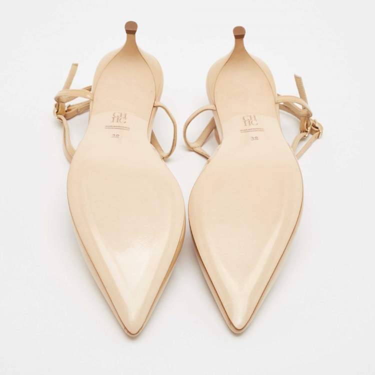 Pre Owned CH Carolina Herrera Beige Patent Leather Ankle Strap Pumps Size 38