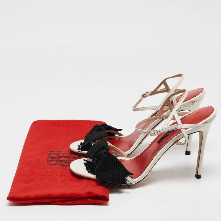 Pre Owned CH Carolina Herrera White Leather Bow Ankle Strap Sandals Size 38