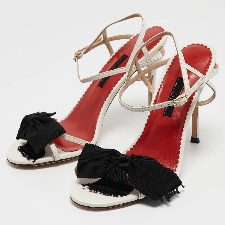 Pre Owned CH Carolina Herrera White Leather Bow Ankle Strap Sandals Size 38