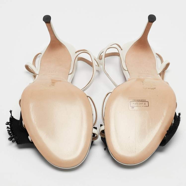 Pre Owned CH Carolina Herrera White Leather Bow Ankle Strap Sandals Size 38
