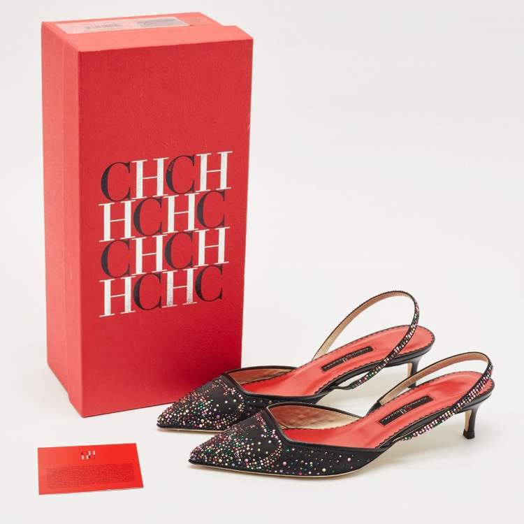 Pre Owned CH Carolina Herrera Black Crystal Embellished Fabric and Leather Slingback Pumps Size 37