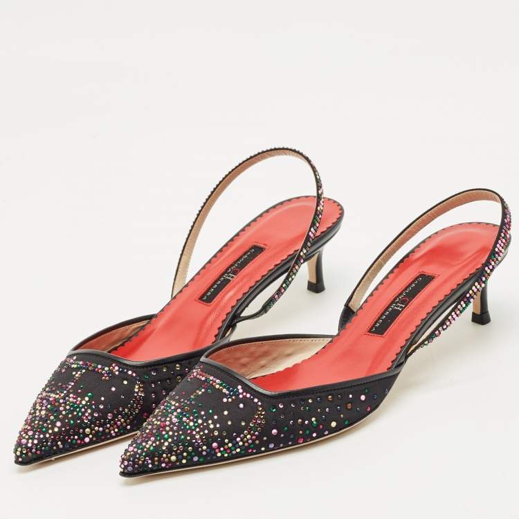 Pre Owned CH Carolina Herrera Black Crystal Embellished Fabric and Leather Slingback Pumps Size 37