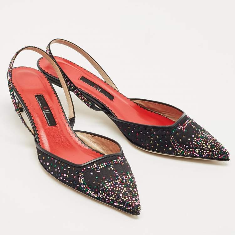 Pre Owned CH Carolina Herrera Black Crystal Embellished Fabric and Leather Slingback Pumps Size 37