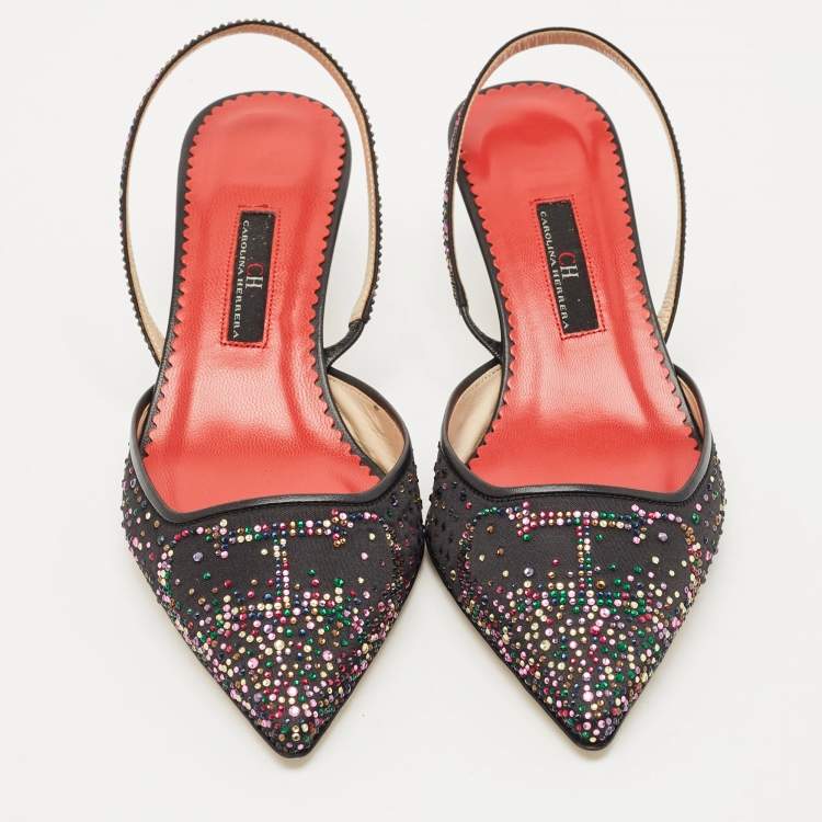 Pre Owned CH Carolina Herrera Black Crystal Embellished Fabric and Leather Slingback Pumps Size 37