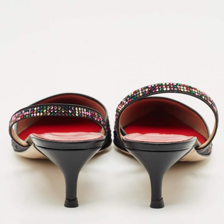 Pre Owned CH Carolina Herrera Black Crystal Embellished Fabric and Leather Slingback Pumps Size 37