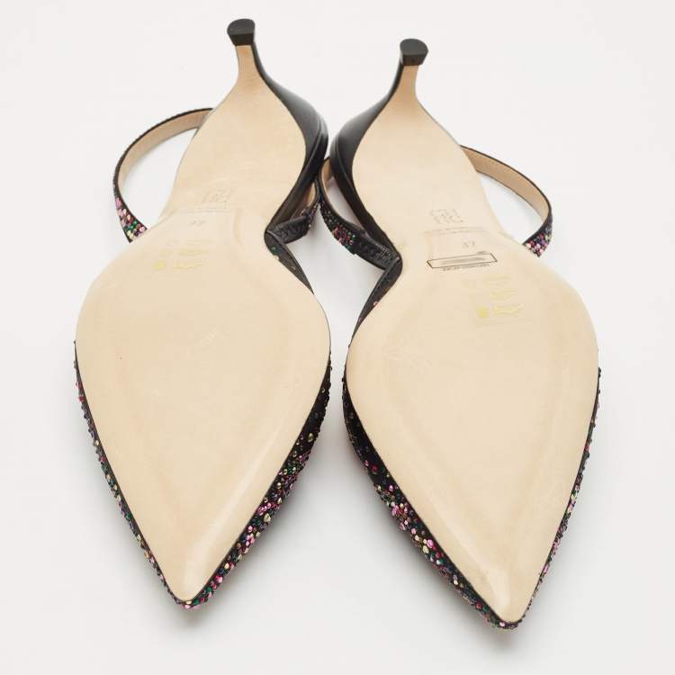 Pre Owned CH Carolina Herrera Black Crystal Embellished Fabric and Leather Slingback Pumps Size 37