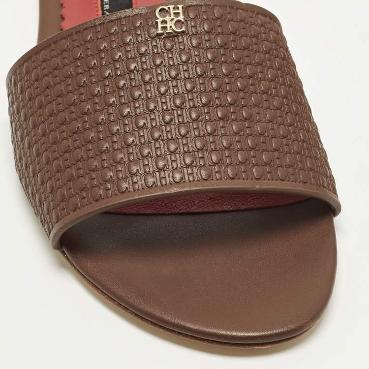 Pre Owned CH Carolina Herrera Size 38 Burgundy Monogram Embossed Leather Flat Slide Sandals