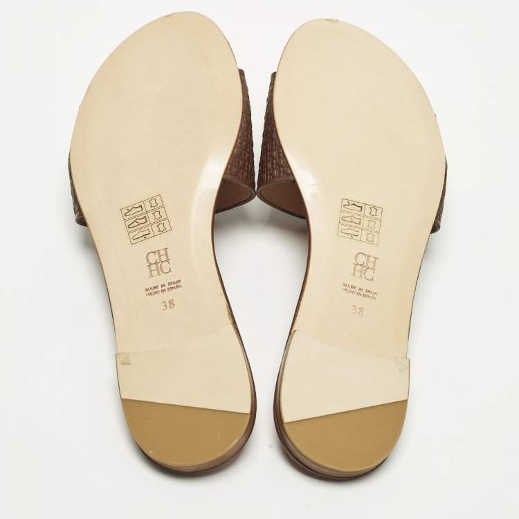 Pre Owned CH Carolina Herrera Size 38 Burgundy Monogram Embossed Leather Flat Slide Sandals