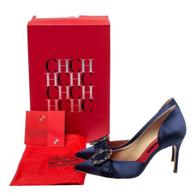 Pre Owned Carolina Herrera Blue Satin Embellished Buckle D'orsay Pumps Size 37