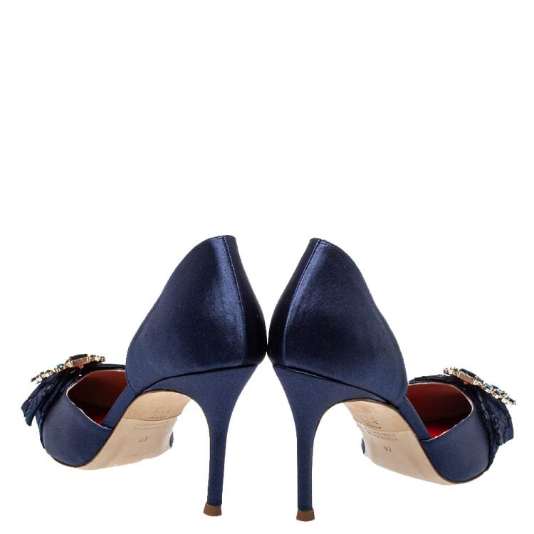 Pre Owned Carolina Herrera Blue Satin Embellished Buckle D'orsay Pumps Size 37