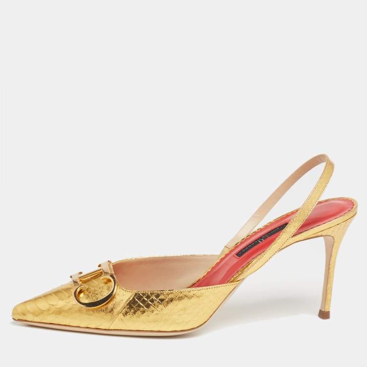 CH Carolina Herrera Metallic Gold Python Logo Embellished Slingback ...