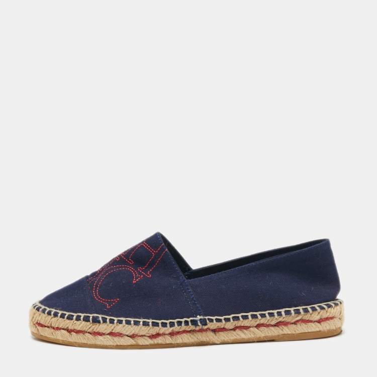 Pre Owned CH Carolina Herrera Navy Blue Canvas Espadrille Flats Size 37