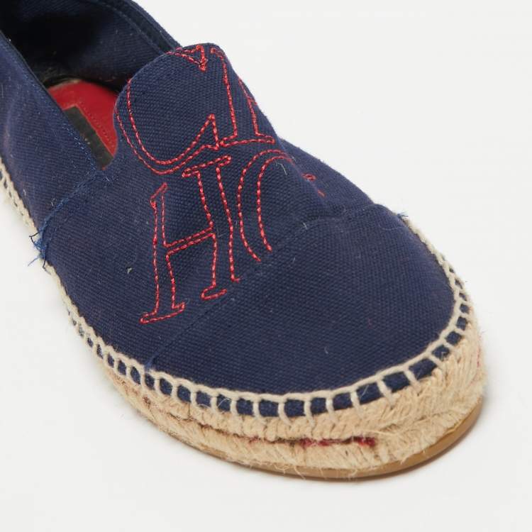 Pre Owned CH Carolina Herrera Navy Blue Canvas Espadrille Flats Size 37