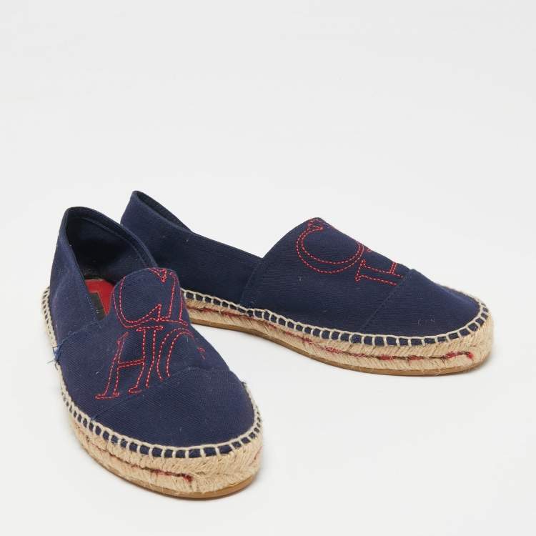 Pre Owned CH Carolina Herrera Navy Blue Canvas Espadrille Flats Size 37