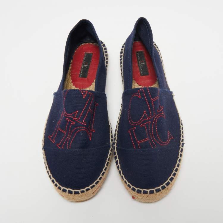 Pre Owned CH Carolina Herrera Navy Blue Canvas Espadrille Flats Size 37
