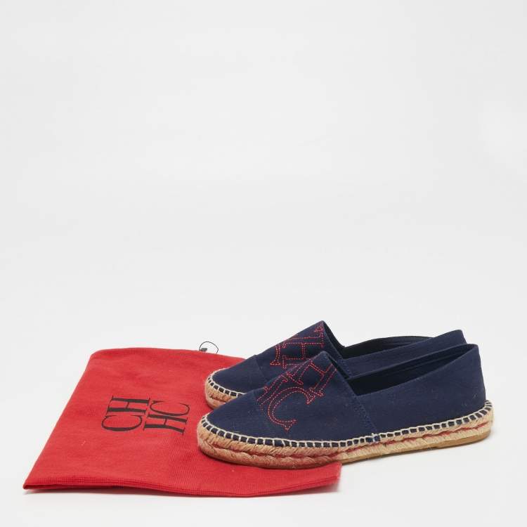 Pre Owned CH Carolina Herrera Navy Blue Canvas Espadrille Flats Size 37