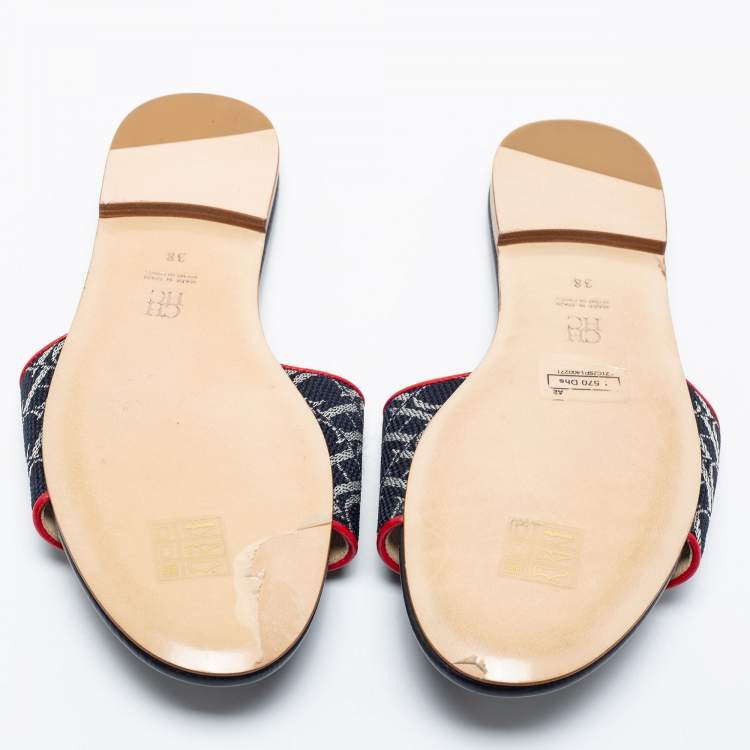 Pre Owned CH Carolina Herrera Navy Blue Monogram Canvas Flat Slides Size 38