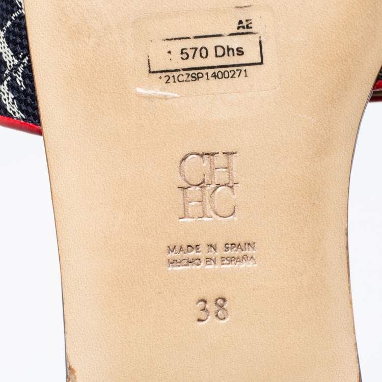 Pre Owned CH Carolina Herrera Navy Blue Monogram Canvas Flat Slides Size 38