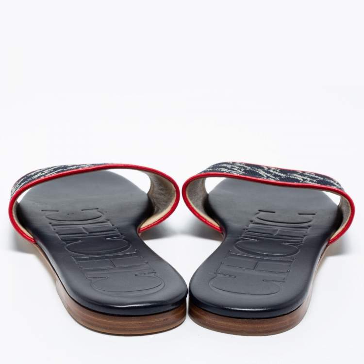 Pre Owned CH Carolina Herrera Navy Blue Monogram Canvas Flat Slides Size 38