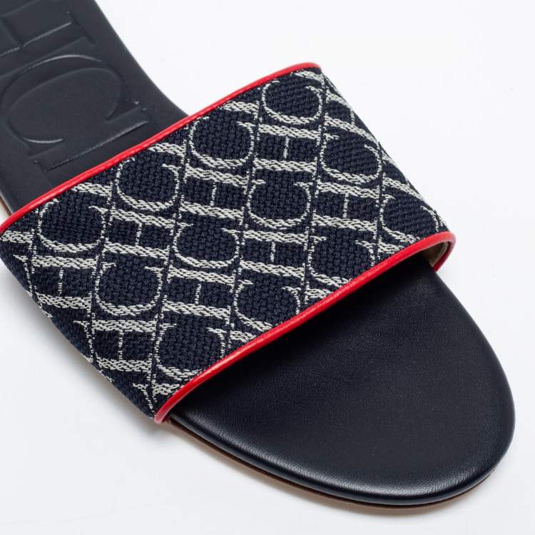 Pre Owned CH Carolina Herrera Navy Blue Monogram Canvas Flat Slides Size 38