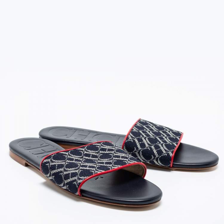 Pre Owned CH Carolina Herrera Navy Blue Monogram Canvas Flat Slides Size 38