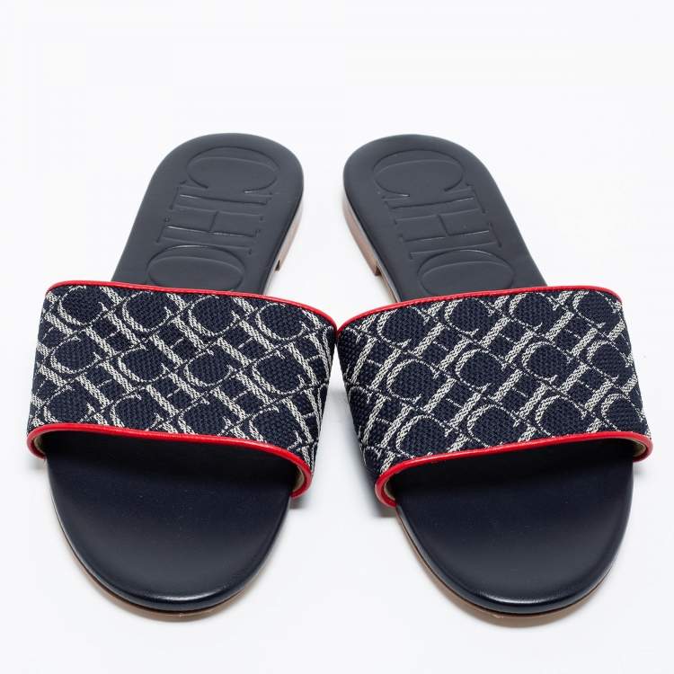 Pre Owned CH Carolina Herrera Navy Blue Monogram Canvas Flat Slides Size 38