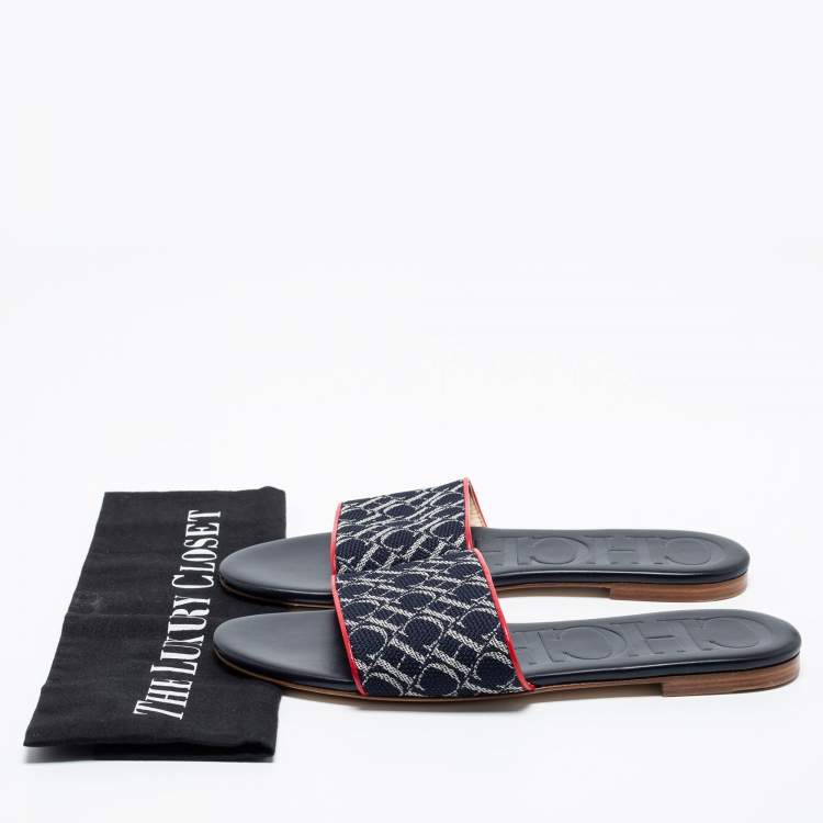 Pre Owned CH Carolina Herrera Navy Blue Monogram Canvas Flat Slides Size 38