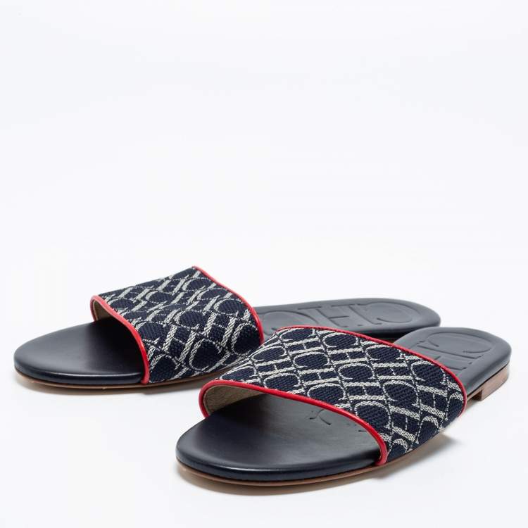 Pre Owned CH Carolina Herrera Navy Blue Monogram Canvas Flat Slides Size 38