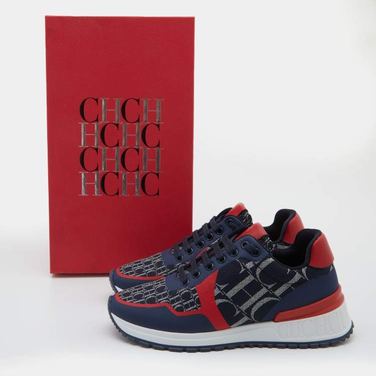 Pre Owned CH Carolina Herrera Navy Blue/Red Logo Print Canvas Low Top Sneakers Size 37