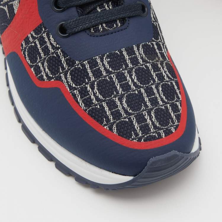 Pre Owned CH Carolina Herrera Navy Blue/Red Logo Print Canvas Low Top Sneakers Size 37