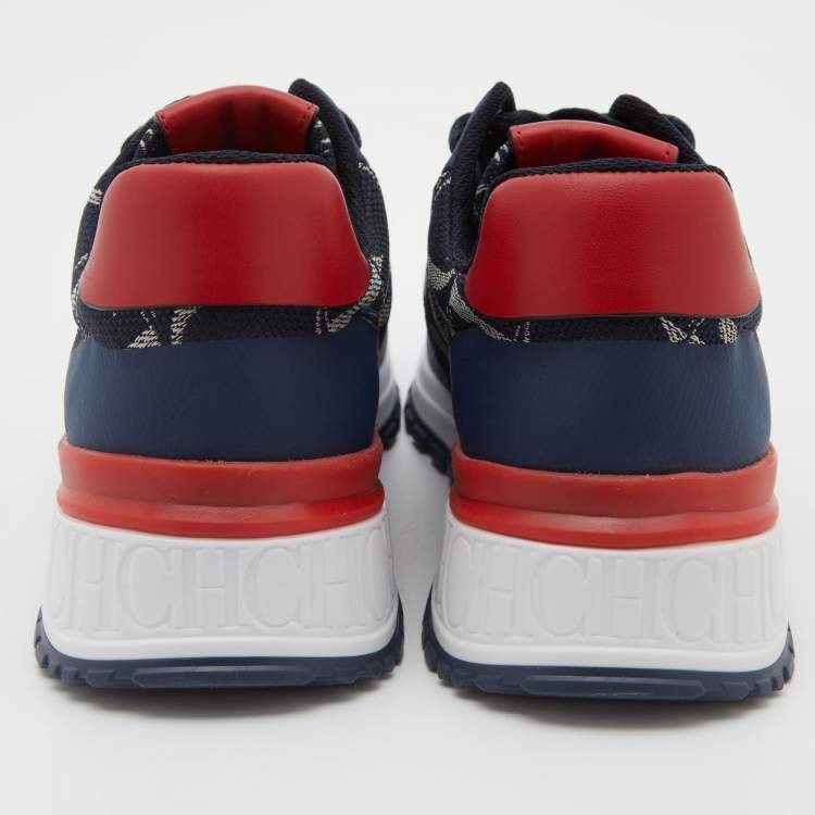 Pre Owned CH Carolina Herrera Navy Blue/Red Logo Print Canvas Low Top Sneakers Size 37