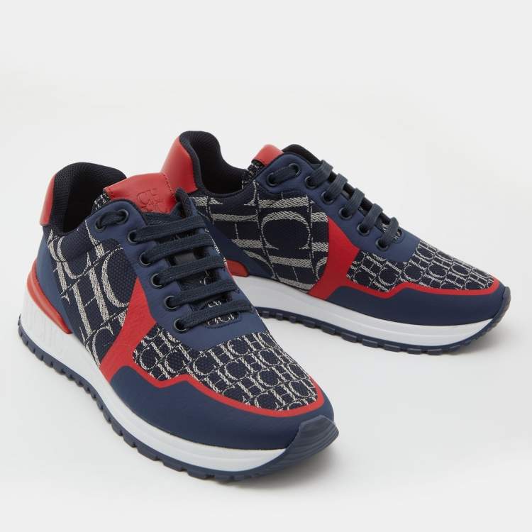 Pre Owned CH Carolina Herrera Navy Blue/Red Logo Print Canvas Low Top Sneakers Size 37